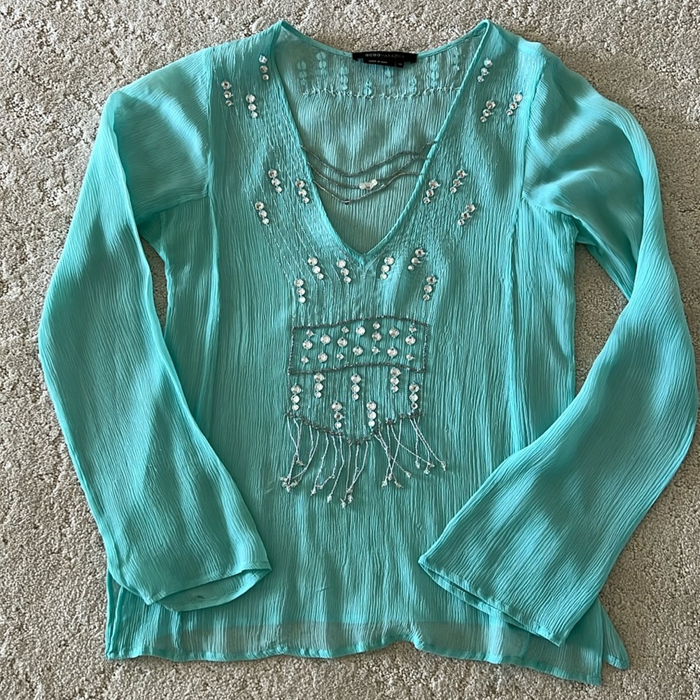 Silk long sleeve sheer top mint green